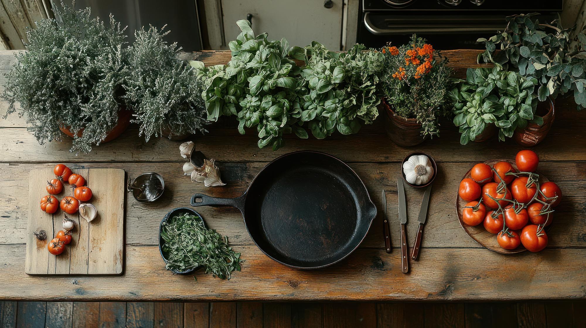 studio interior with cookware and herbs