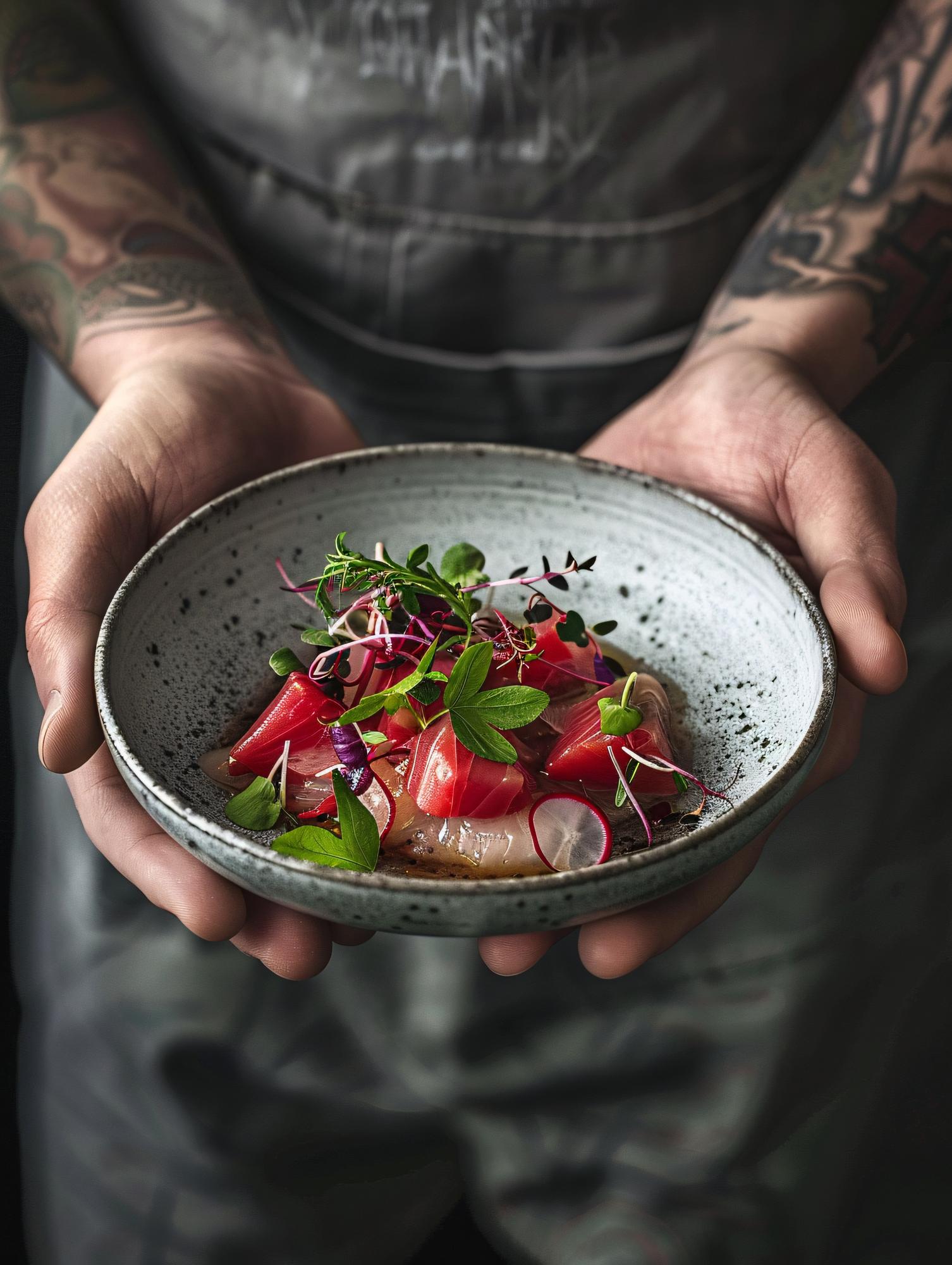 chef plating modern dish on wooden table